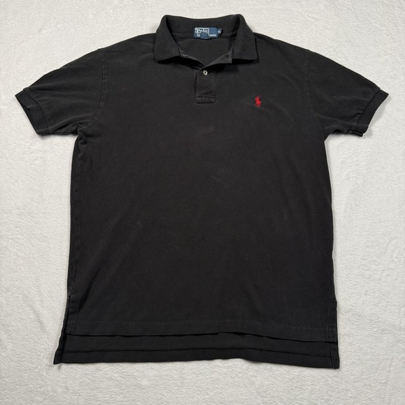 Polo Ralph Lauren Polo Shirt Mens Medium Black Pique Short Sleeve Red Pony Logo - Picture 2 of 10